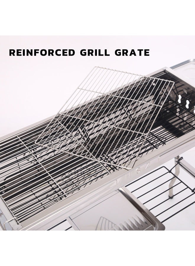 Charcoal BBQ Grill Portable Stainless Steel Outdoor Barbecue Stand with Side Seasoning Tray, Lower Storage Shelf, and Reinforced Grill Grate for Family Camping & Garden Parties - Image 4